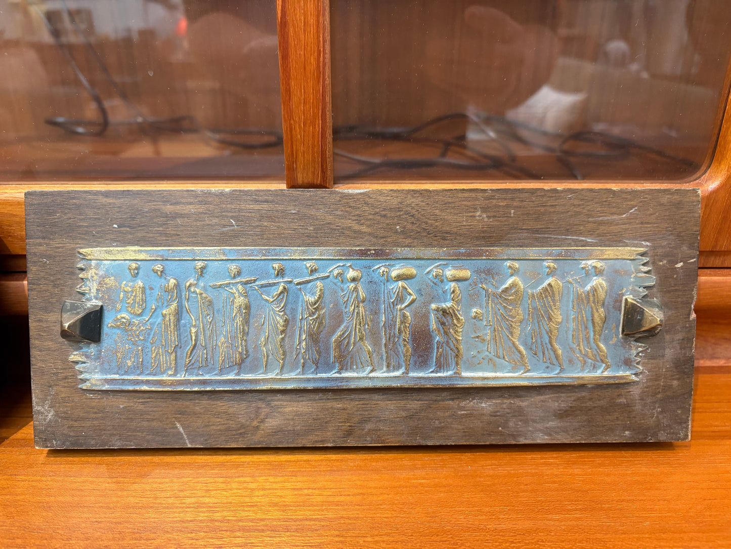 Greco-Roman Motif Patina Brass on Wood Plaque
