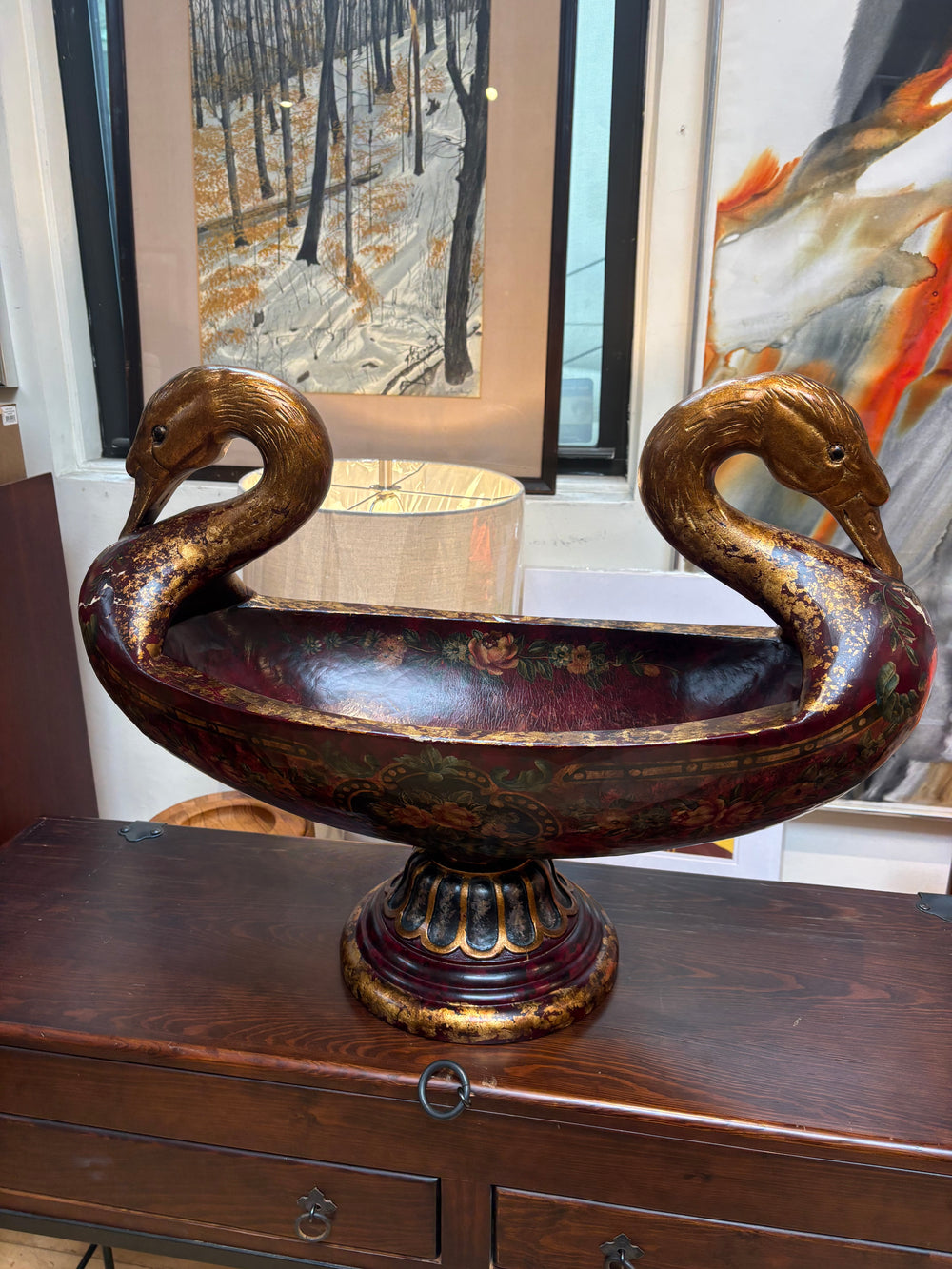 Twin Swan Painted Centerpiece Bowl