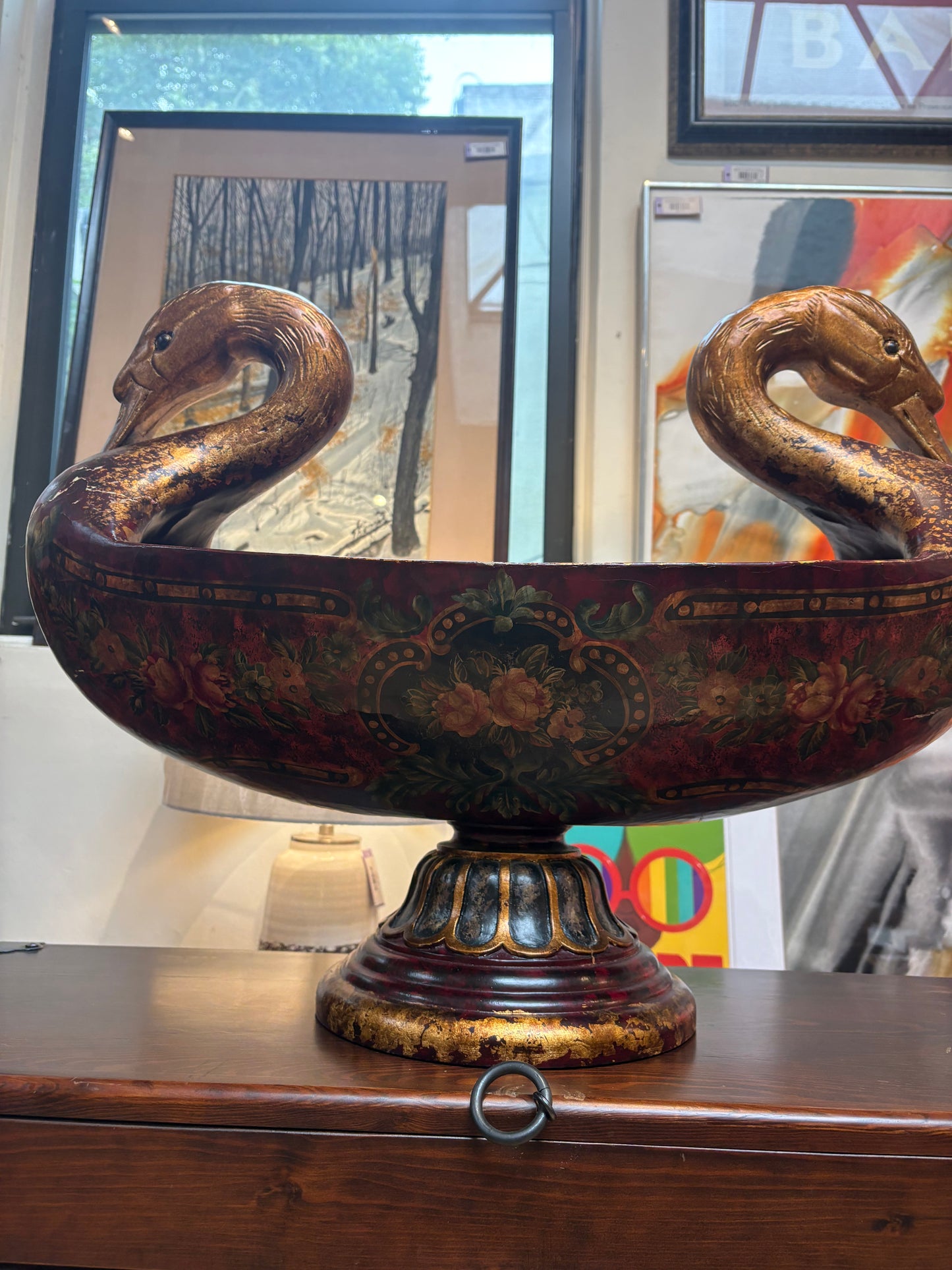 Twin Swan Painted Centerpiece Bowl