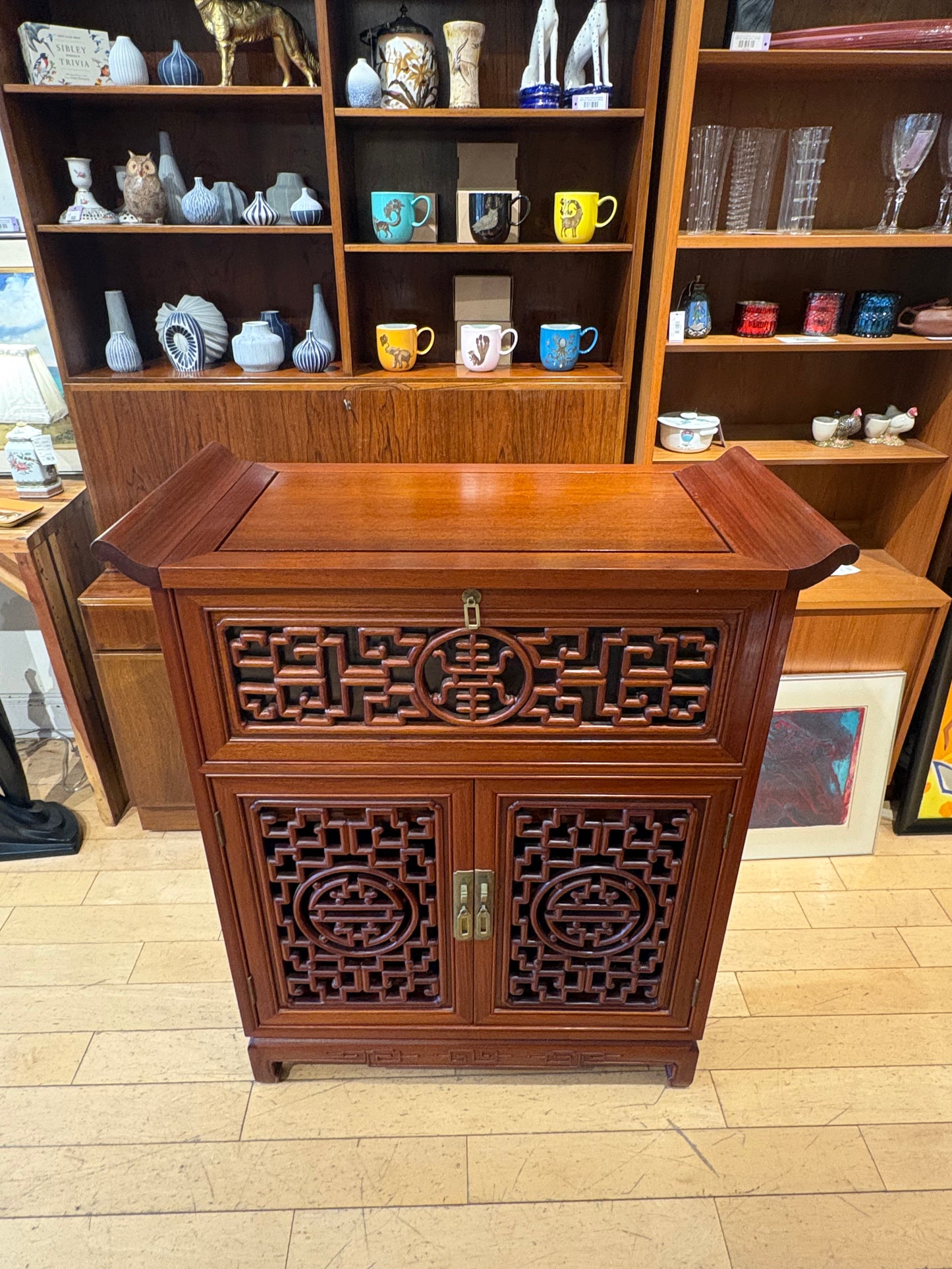 Asian Bar Cabinet with Opening Top and Pull Out Shelf