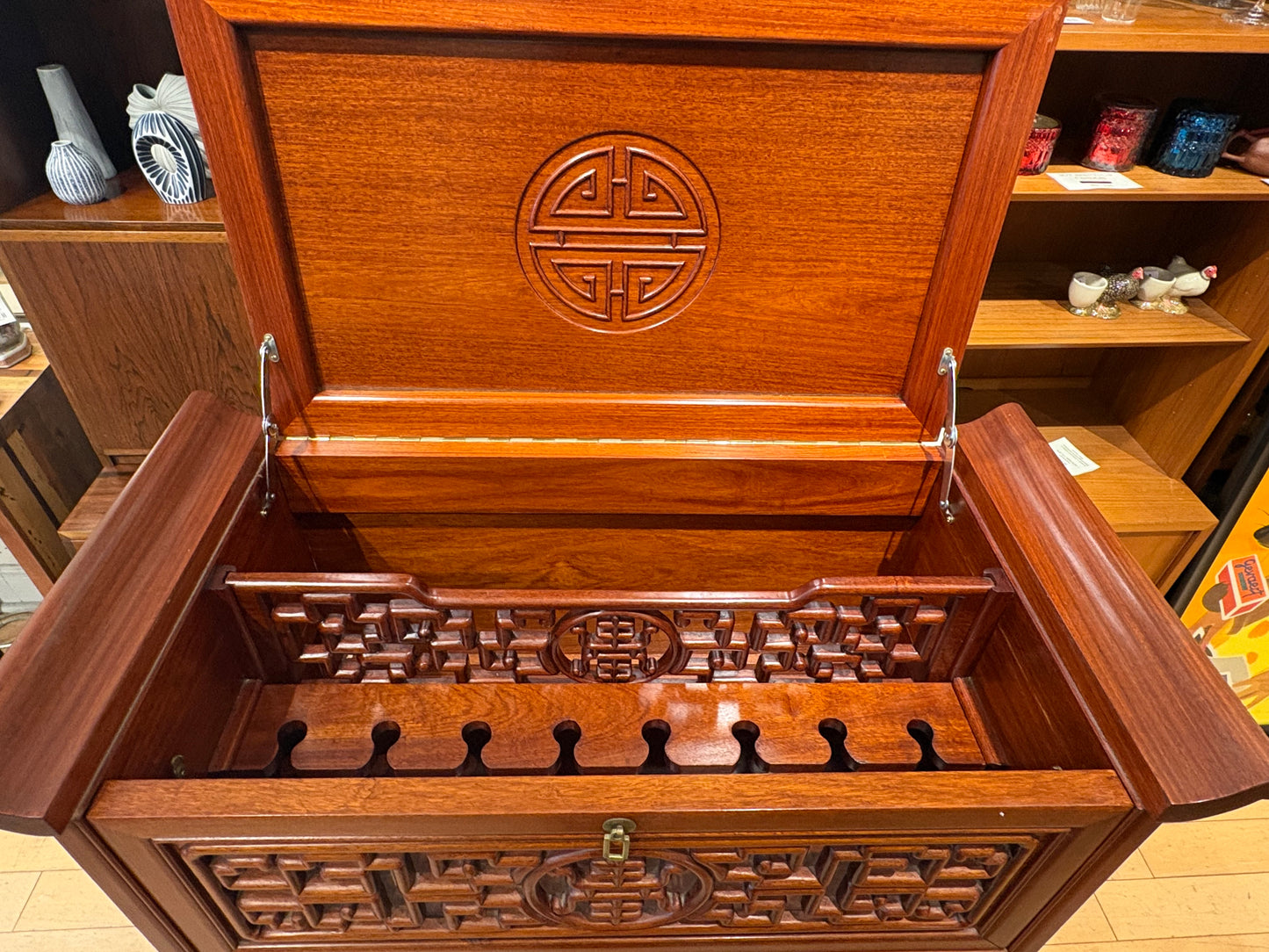 Asian Bar Cabinet with Opening Top and Pull Out Shelf