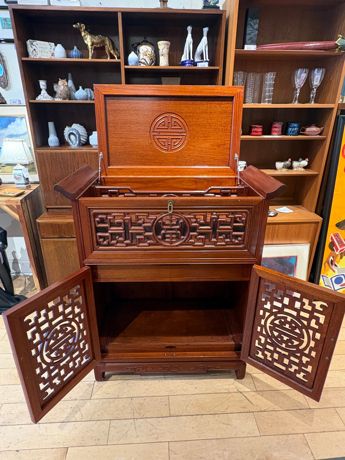 Asian Bar Cabinet with Opening Top and Pull Out Shelf