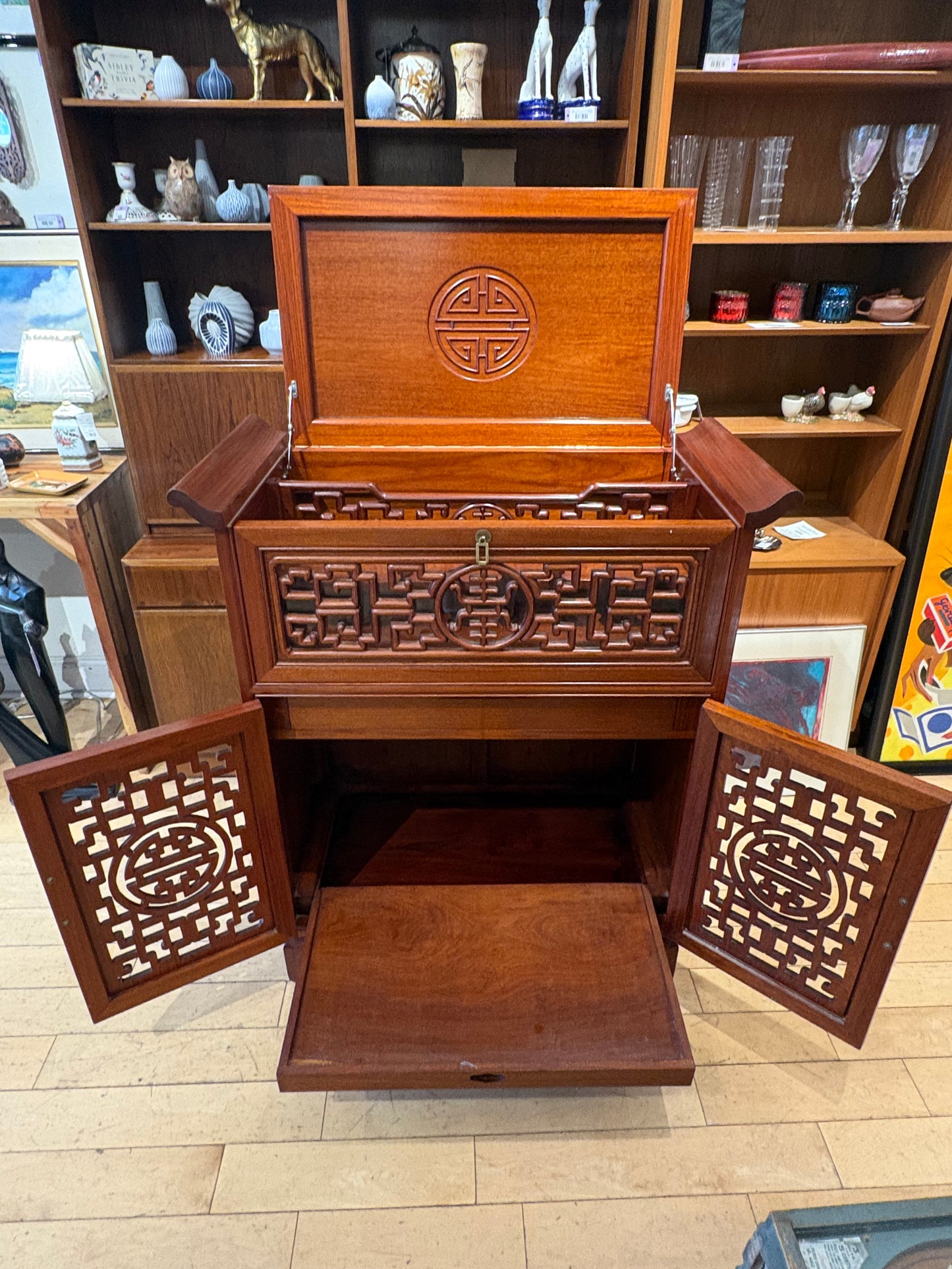 Asian Bar Cabinet with Opening Top and Pull Out Shelf