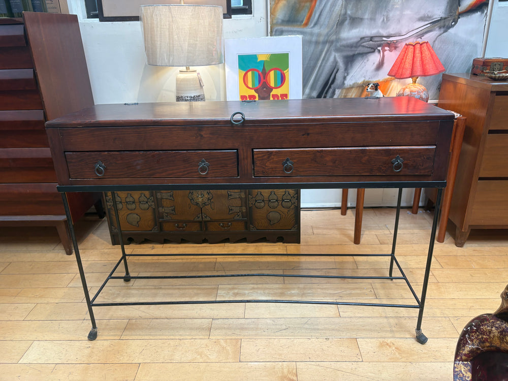 Narrow Asian Console with Metal Legs and Opening Top
