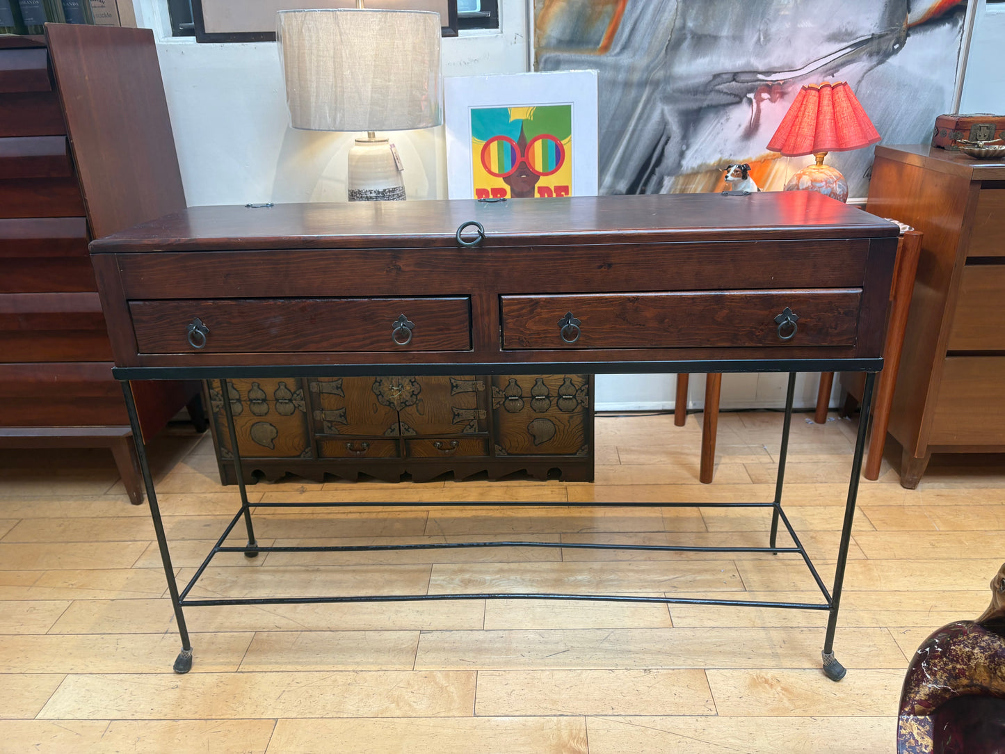 Narrow Asian Console with Metal Legs and Opening Top