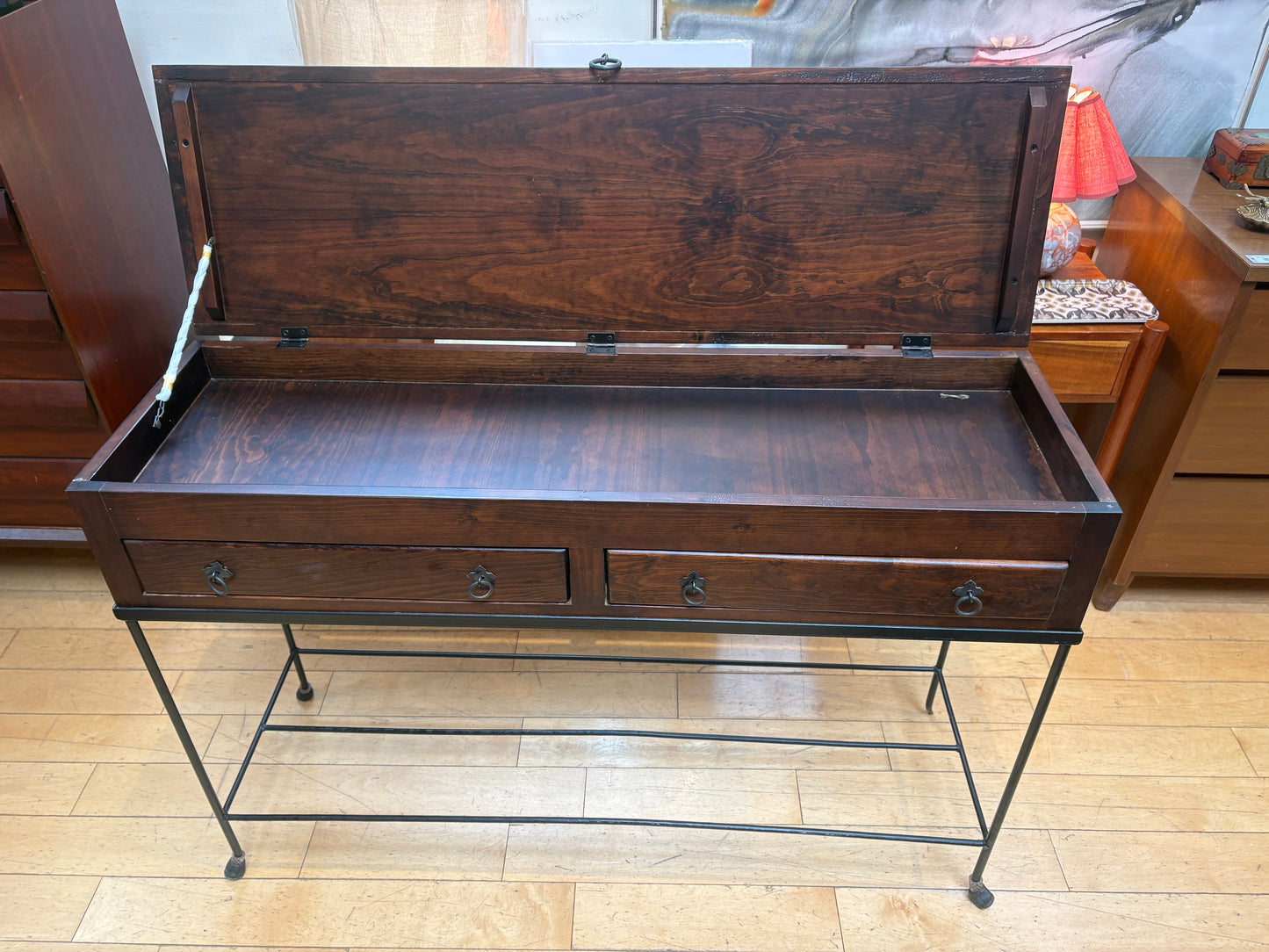 Narrow Asian Console with Metal Legs and Opening Top