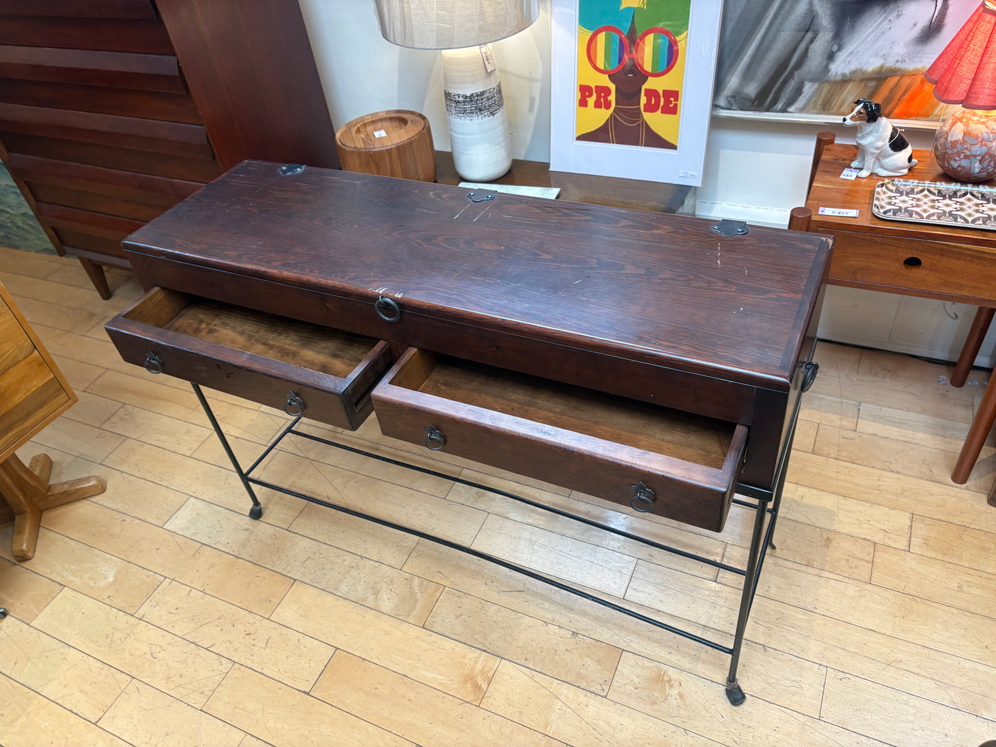 Narrow Asian Console with Metal Legs and Opening Top