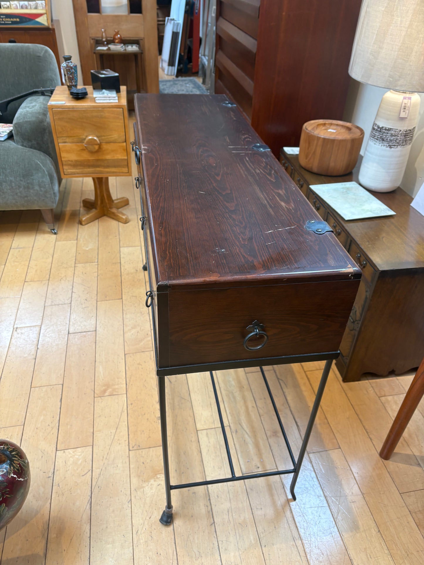 Narrow Asian Console with Metal Legs and Opening Top