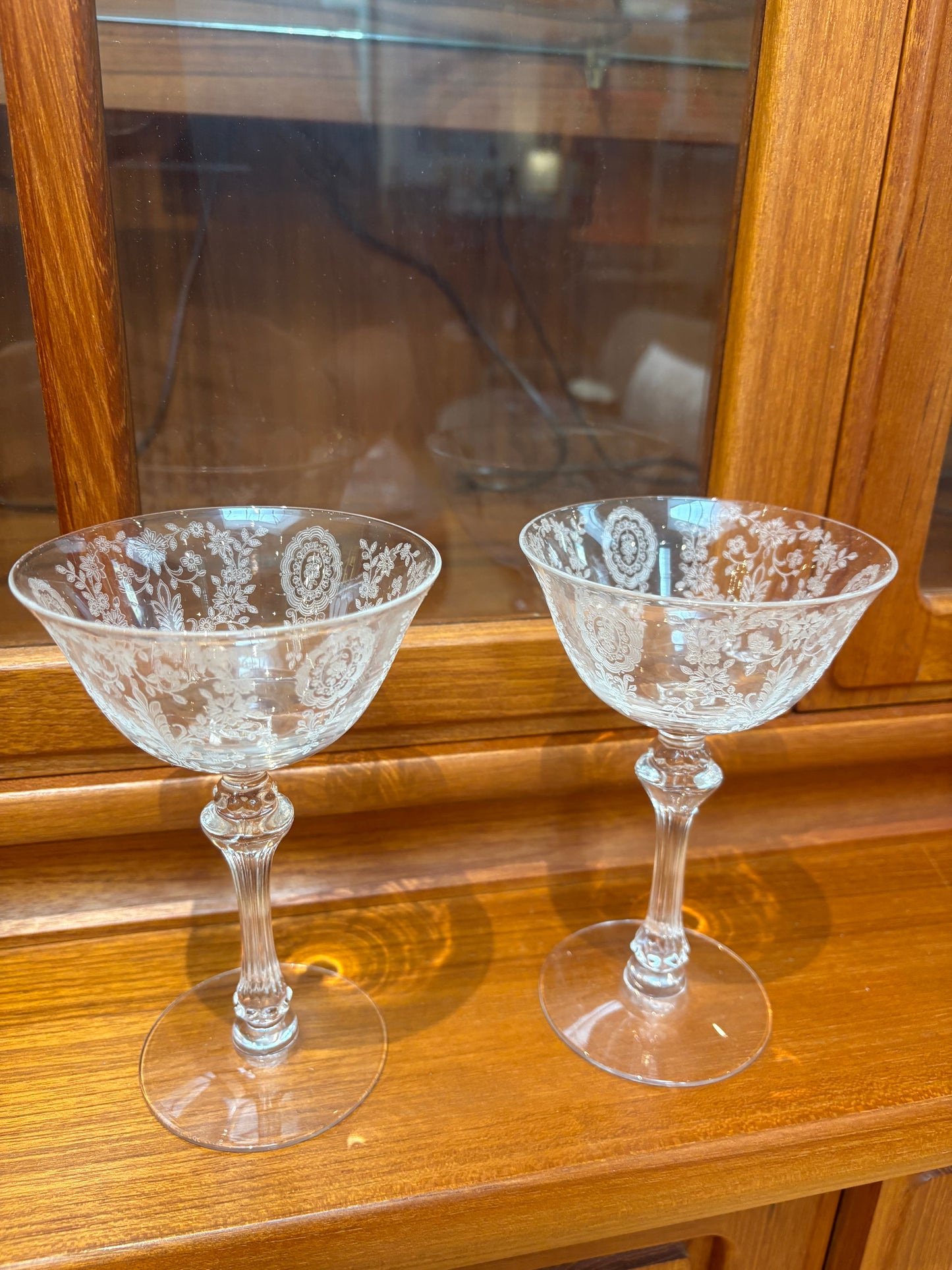 Pair of Vintage Tiffin Glass Etched Lg. Coupes