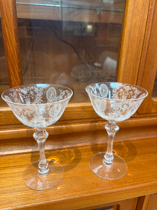 Pair of Vintage Tiffin Glass Etched Lg. Coupes