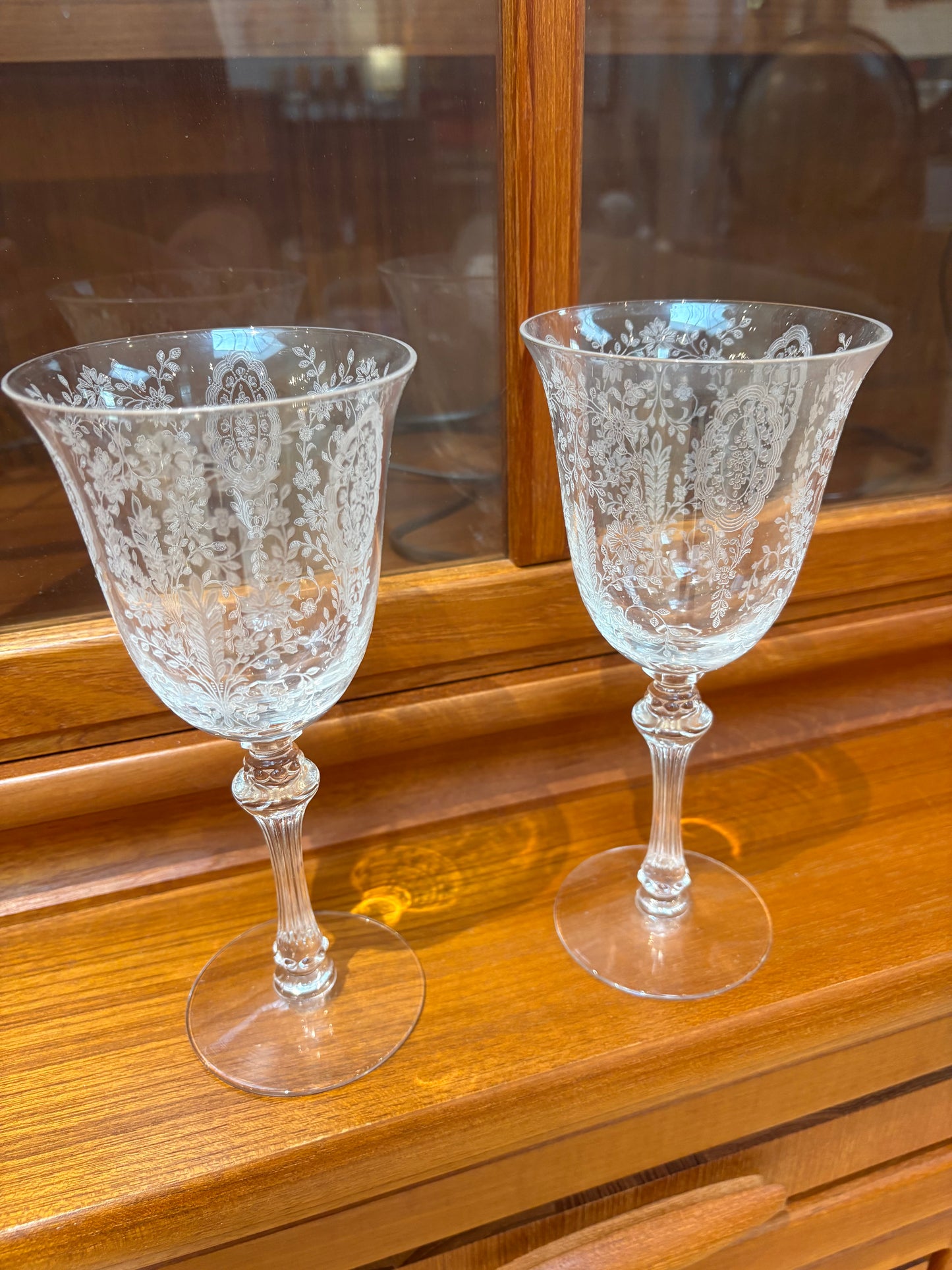 Pair of Vintage Tiffin Glass Etched Wine Glasses