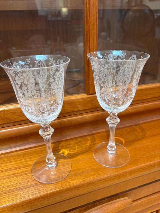 Pair of Vintage Tiffin Glass Etched Wine Glasses