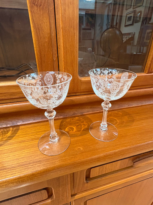 Pair of Vintage Tiffin Glass Etched Sm. Coupes