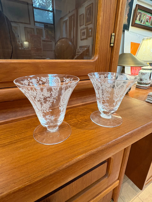 Pair of Vintage Tiffin Glass Etched Small Goblets