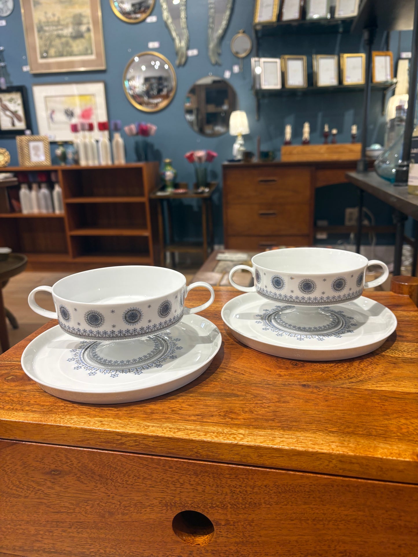 1960s Rosenthal "EisBlume" Handled Soup Bowls and Saucers (Pair)