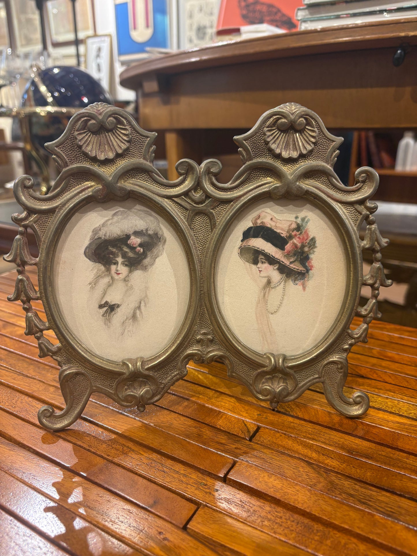 Antique Double Frame Portraits of Ladies in Hats