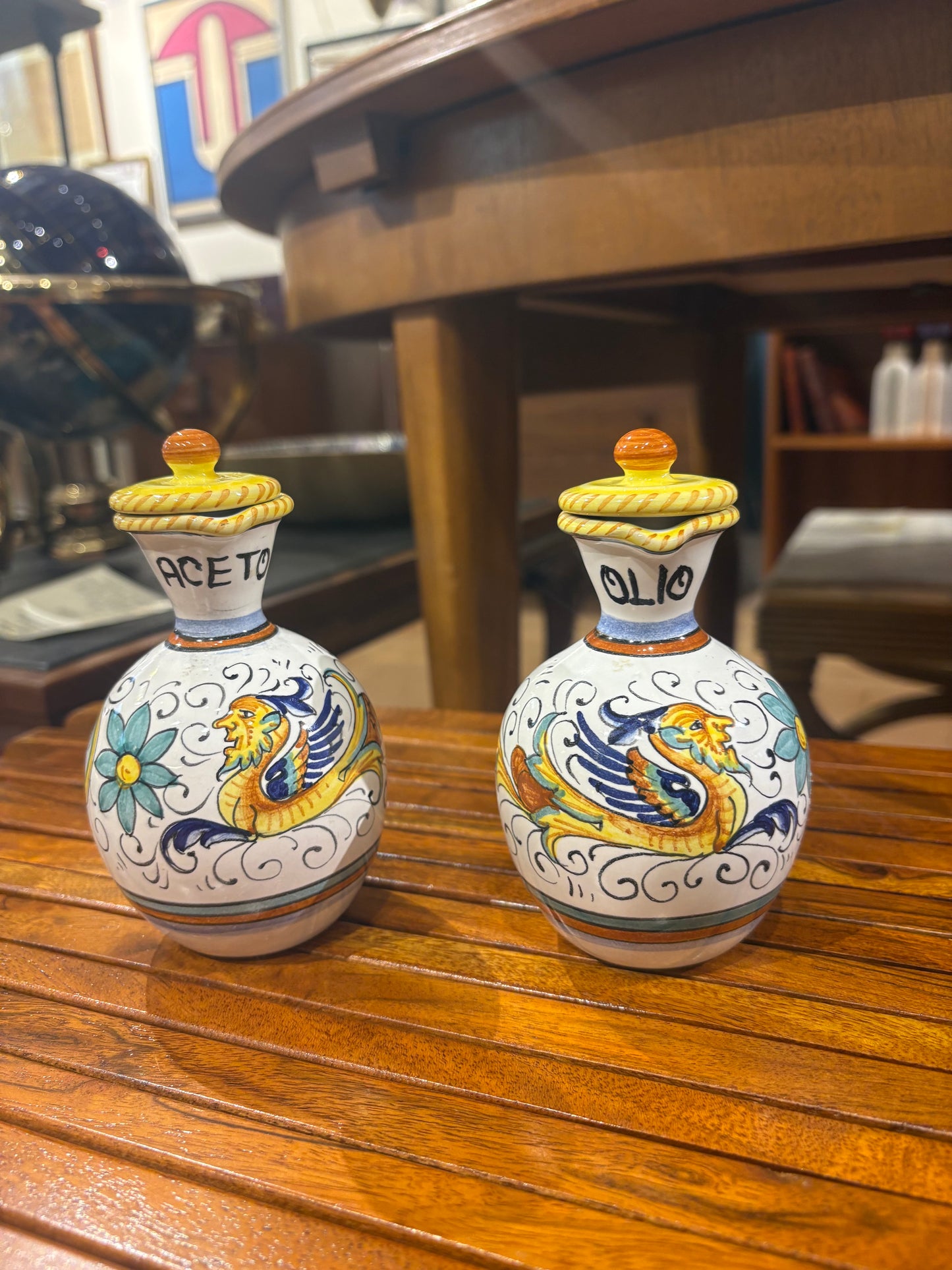 Hand Painted Italian Set of Oil, Vinegar, Salt and Pepper in Carrier