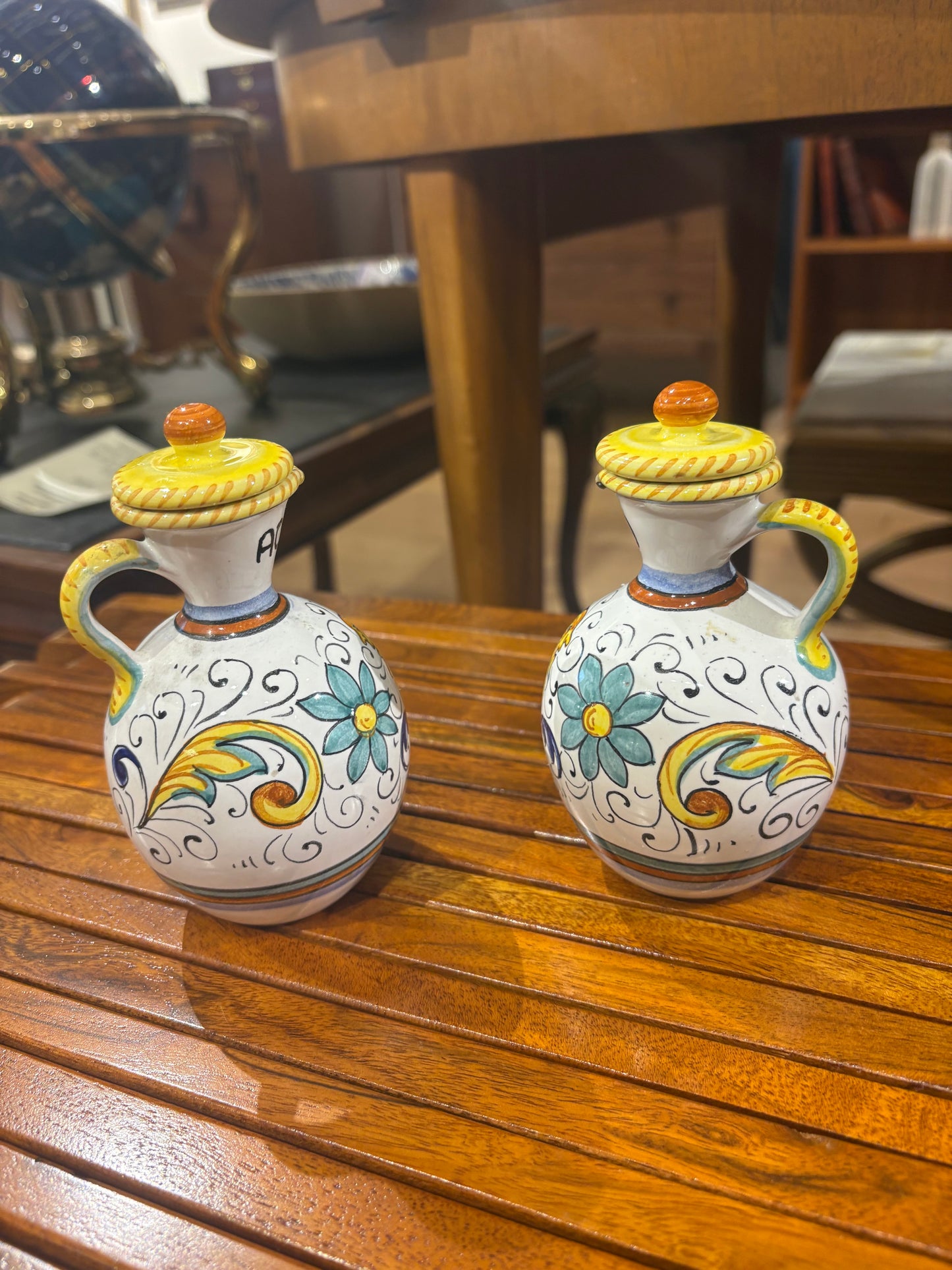 Hand Painted Italian Set of Oil, Vinegar, Salt and Pepper in Carrier