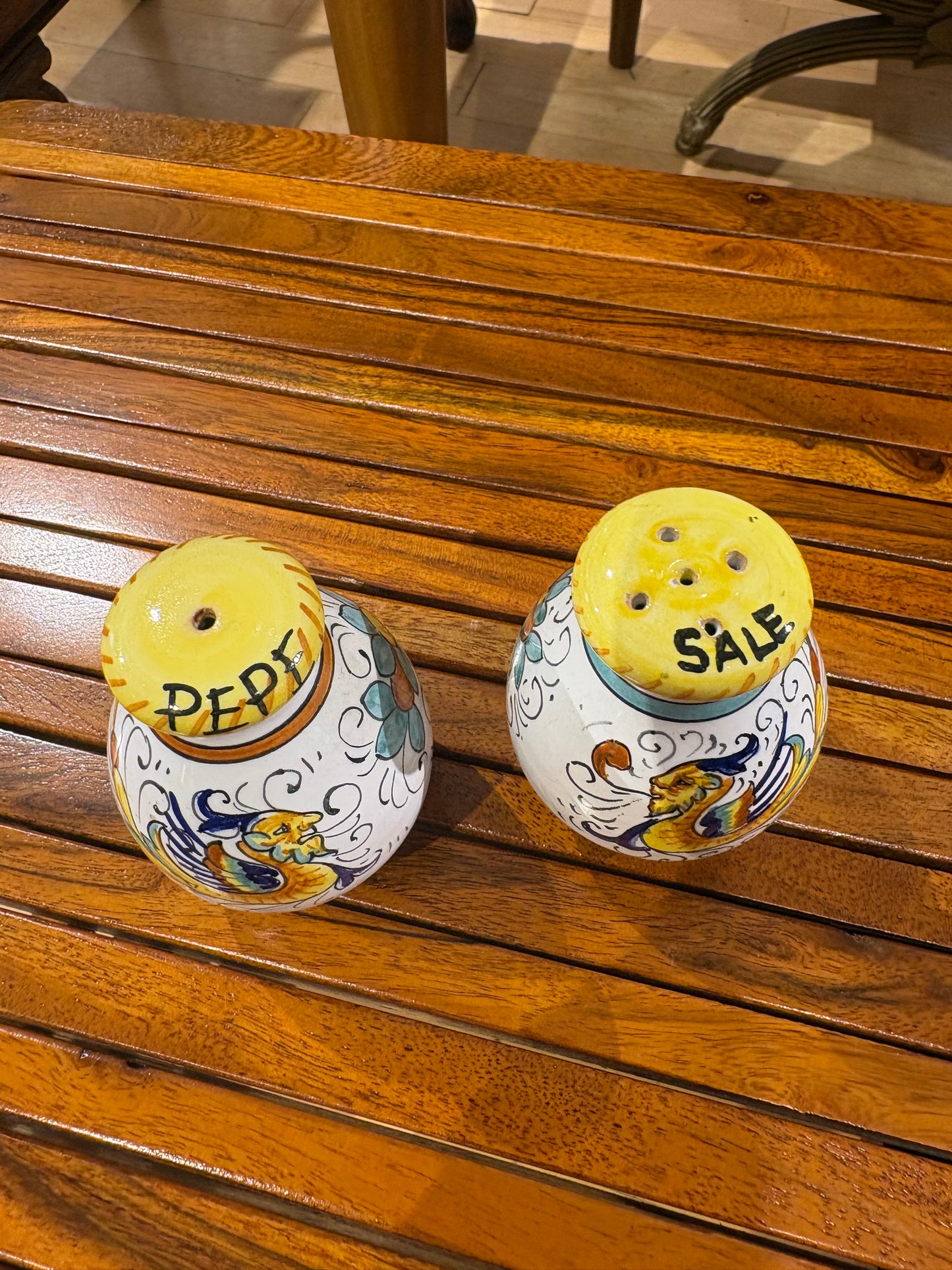 Hand Painted Italian Set of Oil, Vinegar, Salt and Pepper in Carrier
