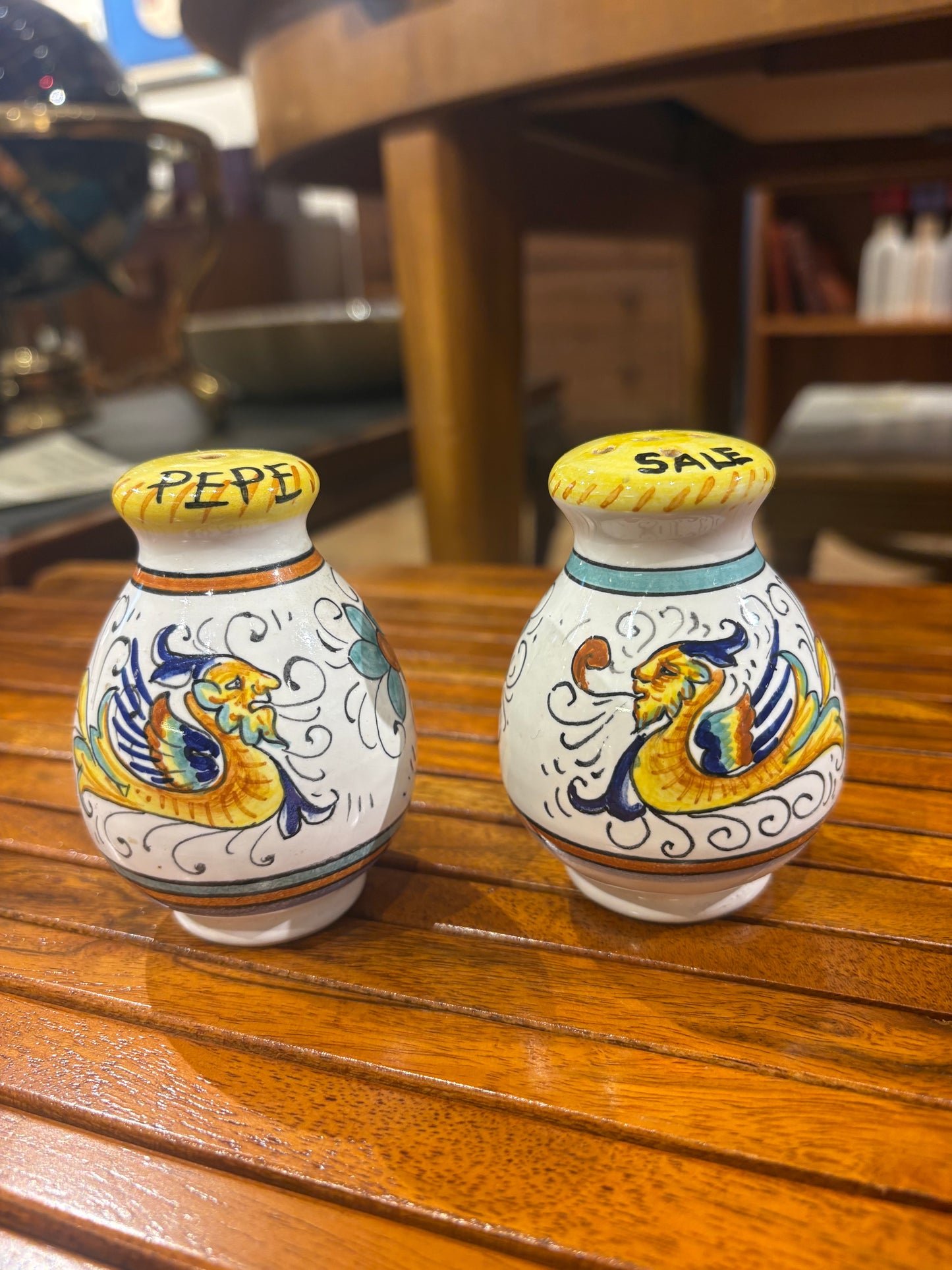 Hand Painted Italian Set of Oil, Vinegar, Salt and Pepper in Carrier