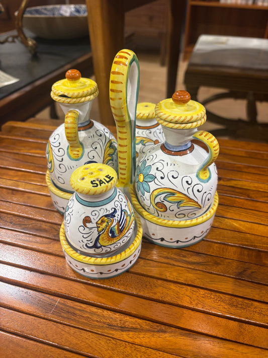 Hand Painted Italian Set of Oil, Vinegar, Salt and Pepper in Carrier