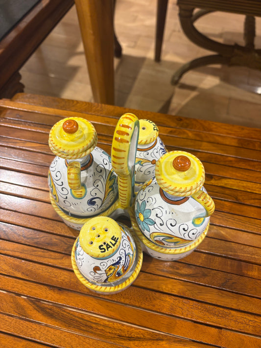 Hand Painted Italian Set of Oil, Vinegar, Salt and Pepper in Carrier