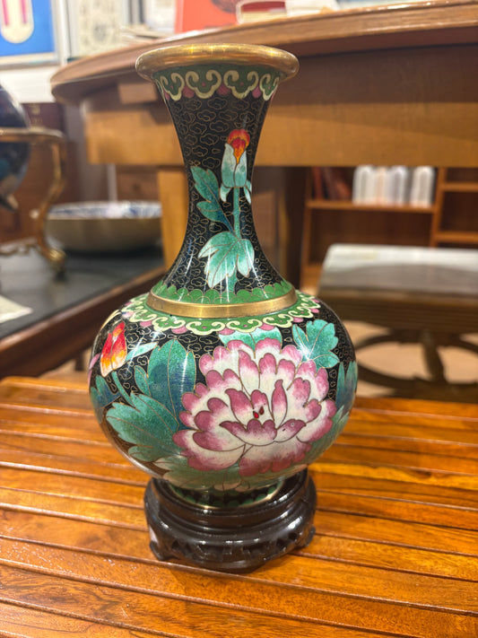 Large Black Cloisonne Vase on Wood Stand