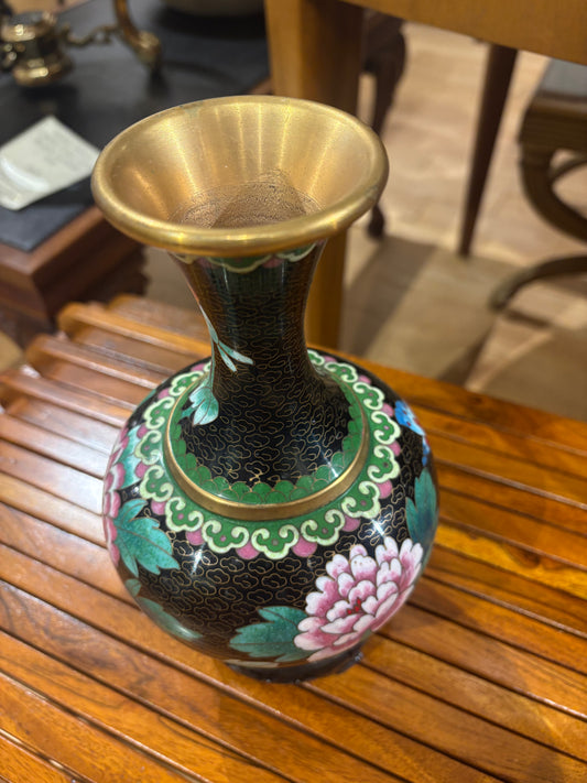 Large Black Cloisonne Vase on Wood Stand