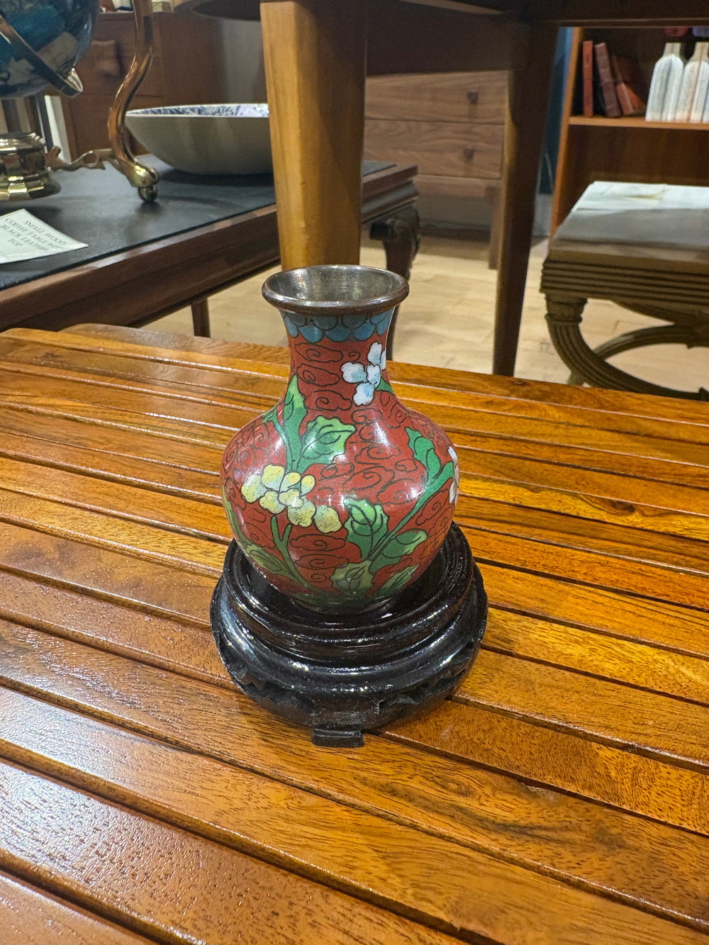 Tiny Red Cloisonne Vase on Wood Stand