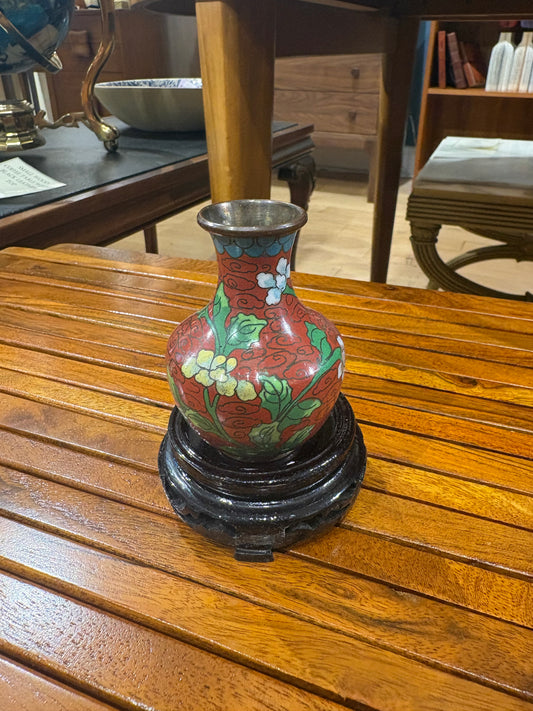 Tiny Red Cloisonne Vase on Wood Stand