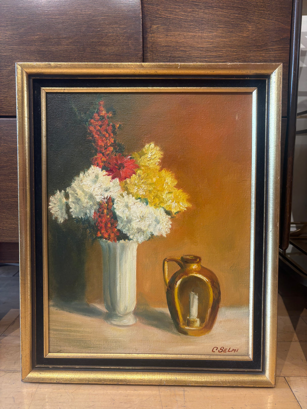 Signed Charles Selmi Still Life Painting of Flowers and Lantern