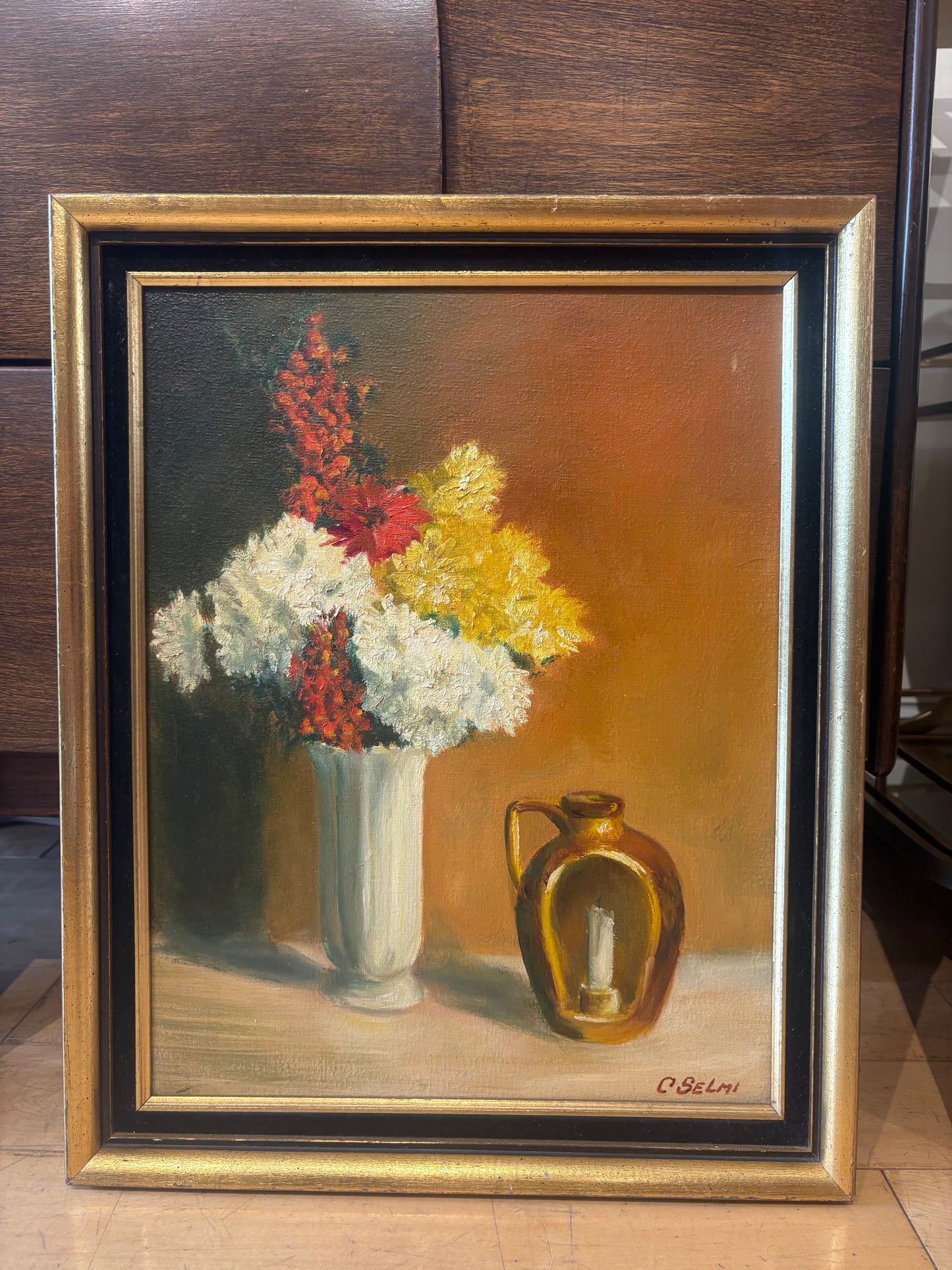 Signed Charles Selmi Still Life Painting of Flowers and Lantern