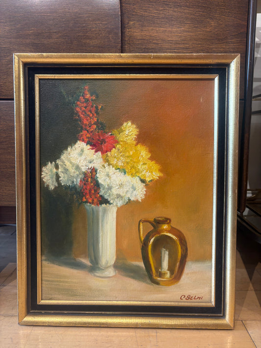 Signed Charles Selmi Still Life Painting of Flowers and Lantern