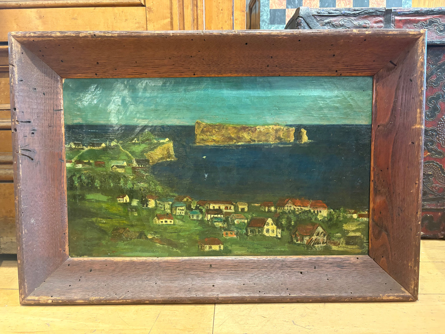 Signed Marcelle Simone Coastal Landscape Painting of Perce Rock, Quebec