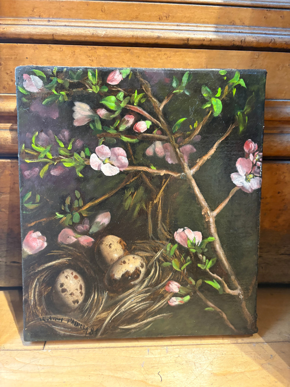 '84 Signed Birds Nest Oil Painting