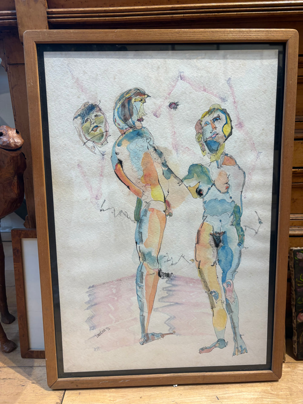 '76 Signed Lassiter Ink and Watercolor of Figures