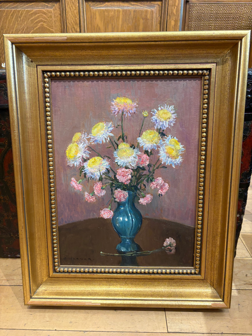 Signed Oil Painting Still Life of Flower Vase