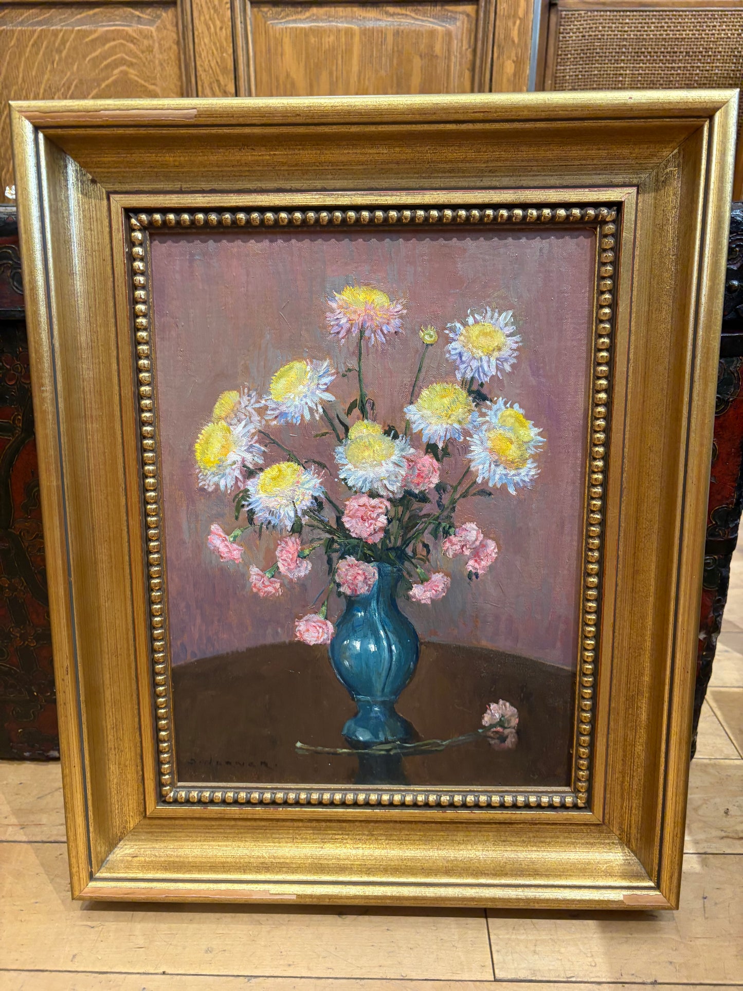 Signed Oil Painting Still Life of Flower Vase