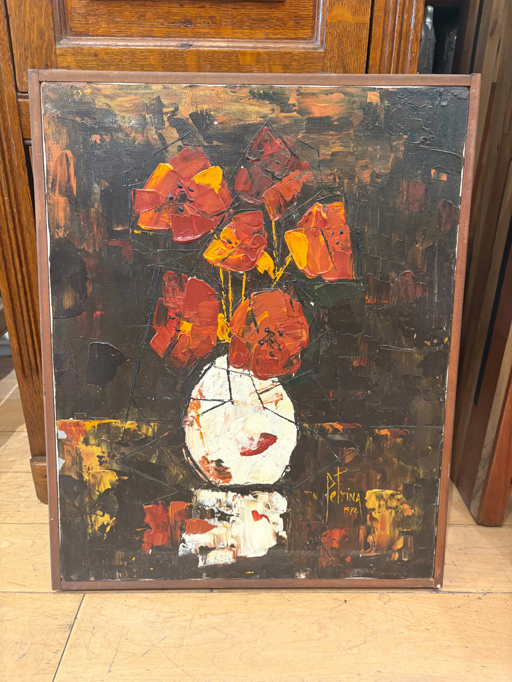 '74 Signed Petrina Imposto Still Life Orange and Red Flowers in Vase