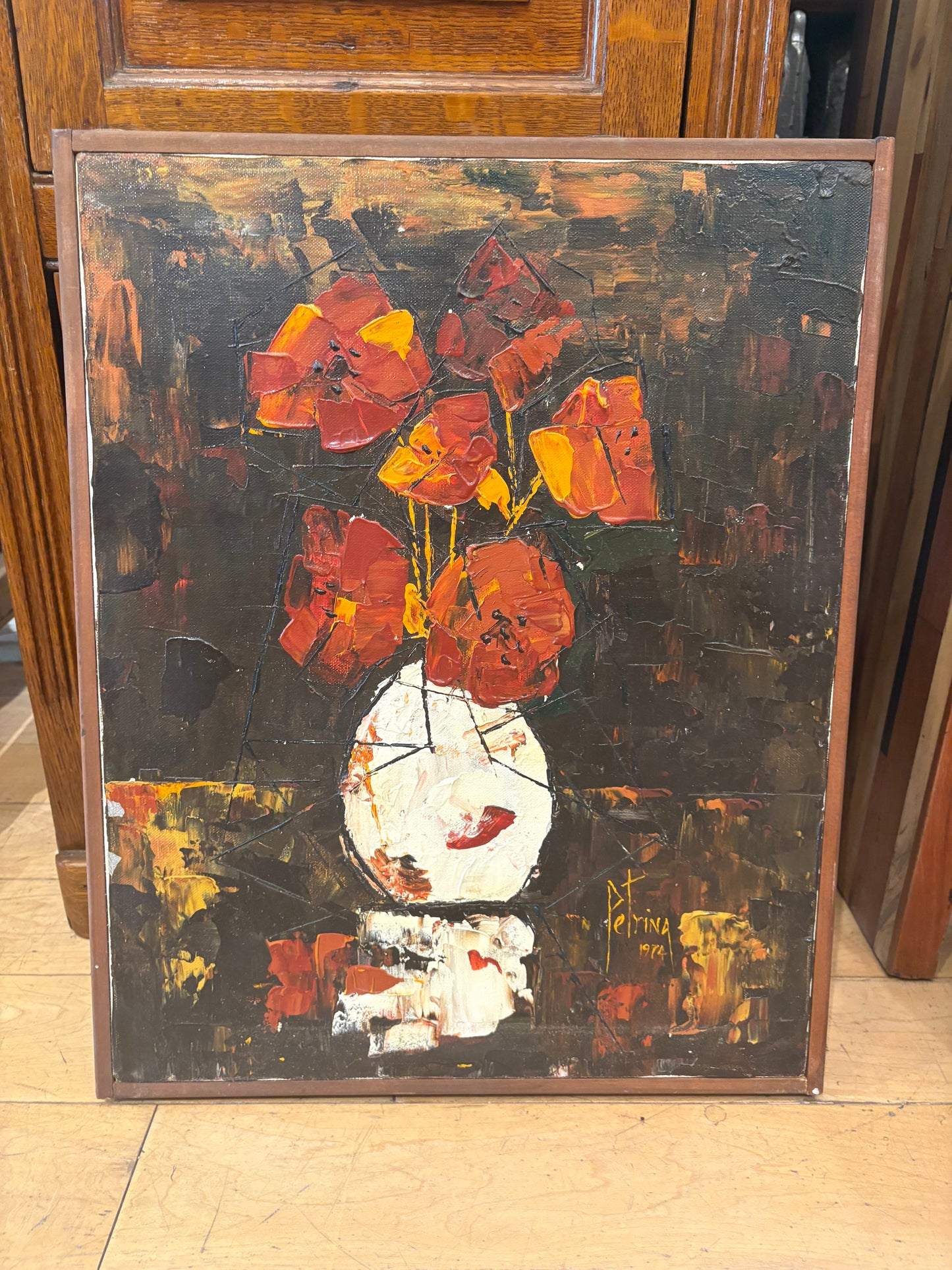 '74 Signed Petrina Imposto Still Life Orange and Red Flowers in Vase