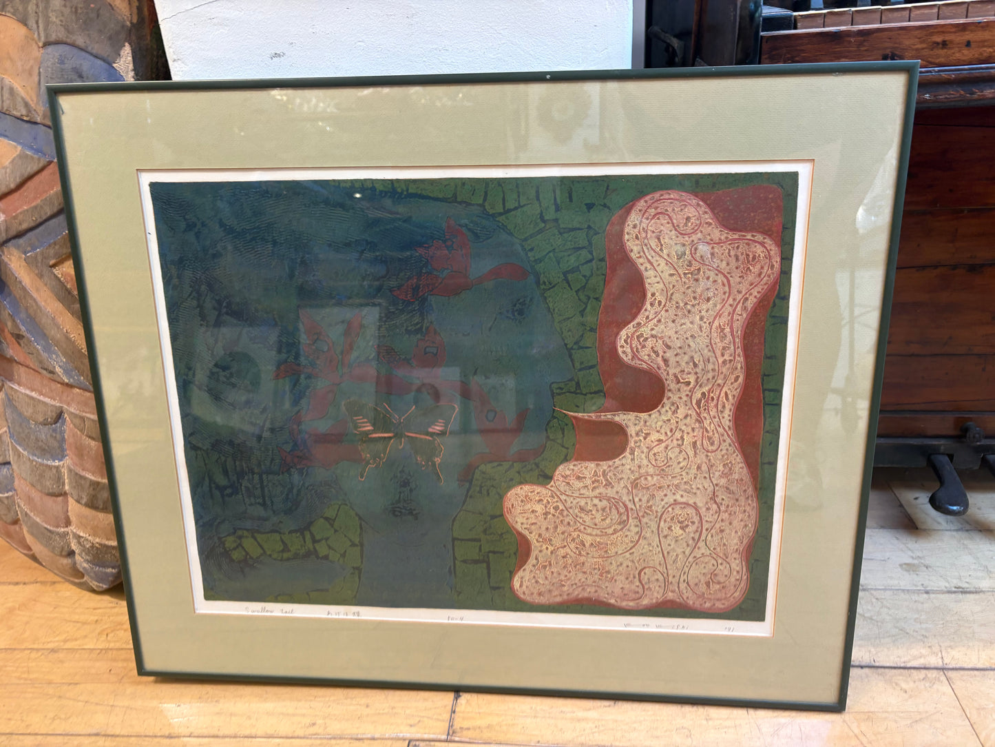 '71 Koo Kishi "Swallow Tail" Wood Cut Print (Damage to Glass)