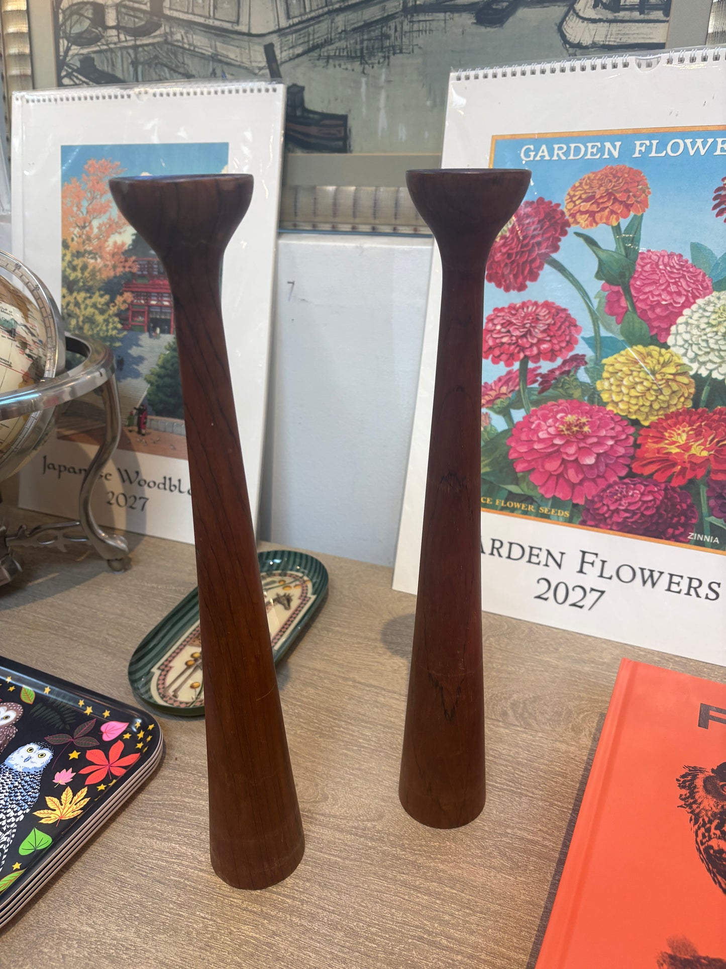Pair of Vintage Tall Danish Wood Candlestick Holders