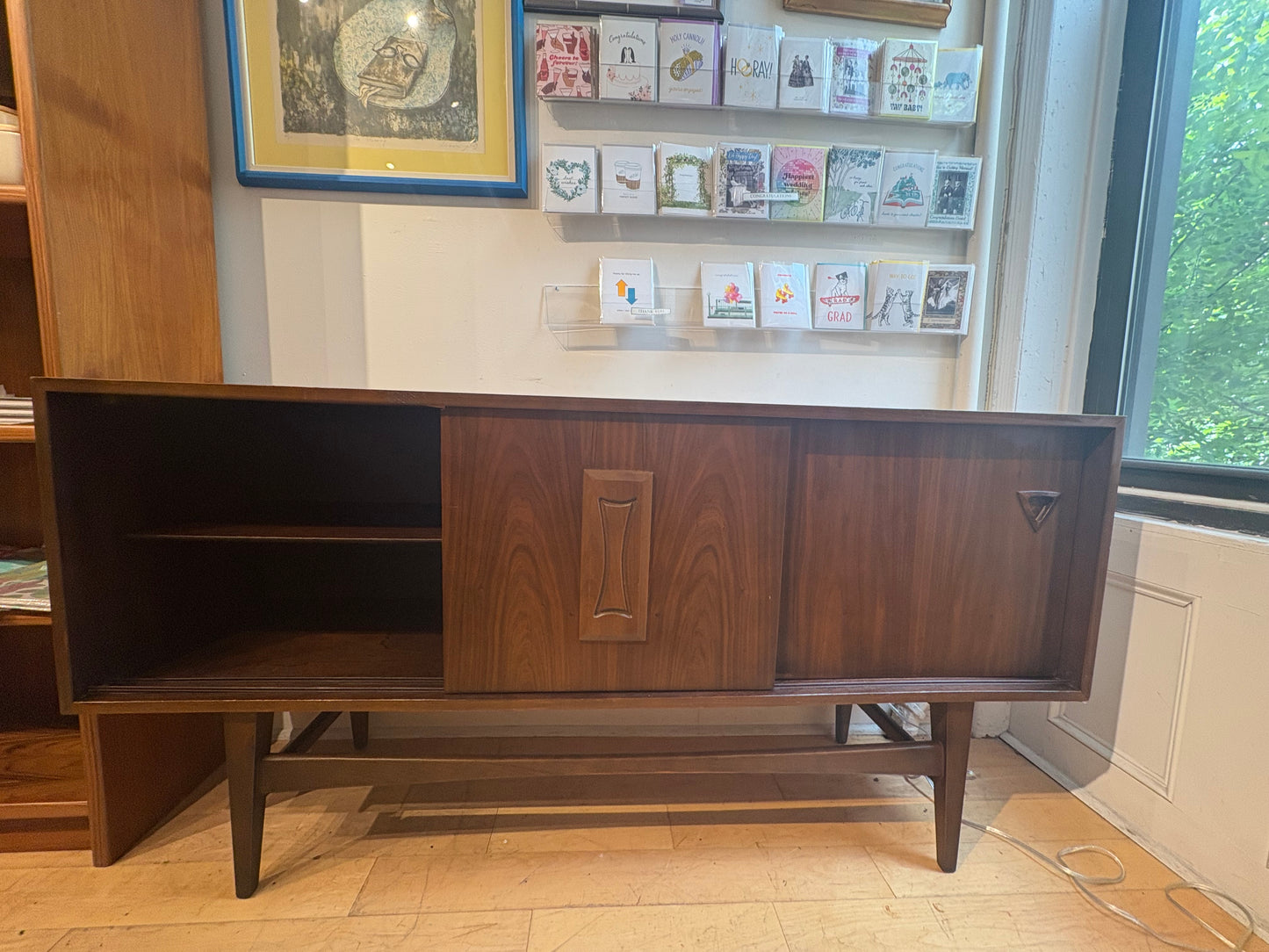 Midcentury Walnut Credenza with 3 Sliding Doors