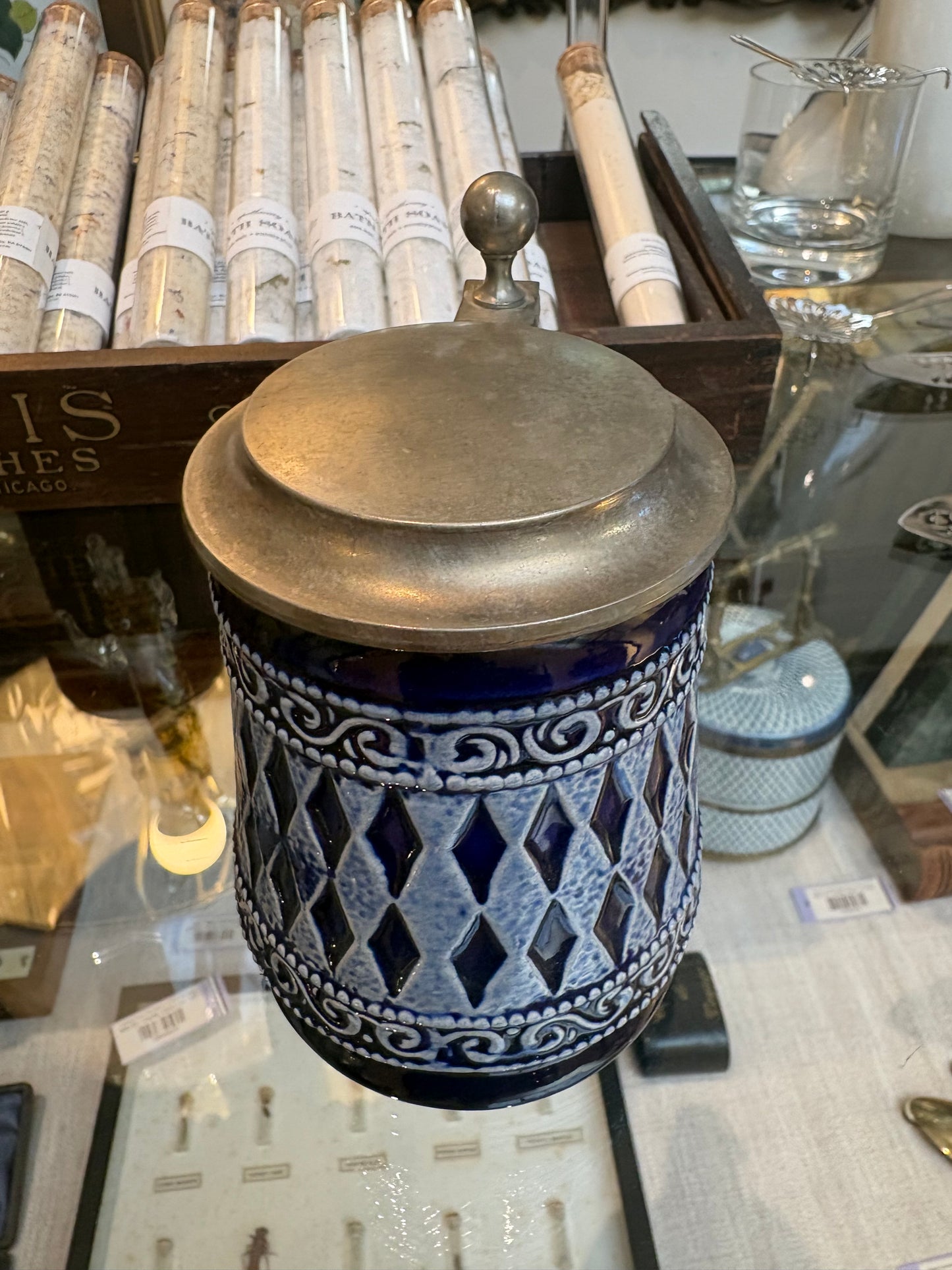 Small German Blue Ceramic Beer Stein with Pewter Lid