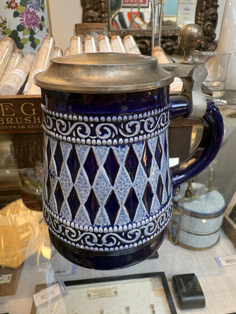 Small German Blue Ceramic Beer Stein with Pewter Lid