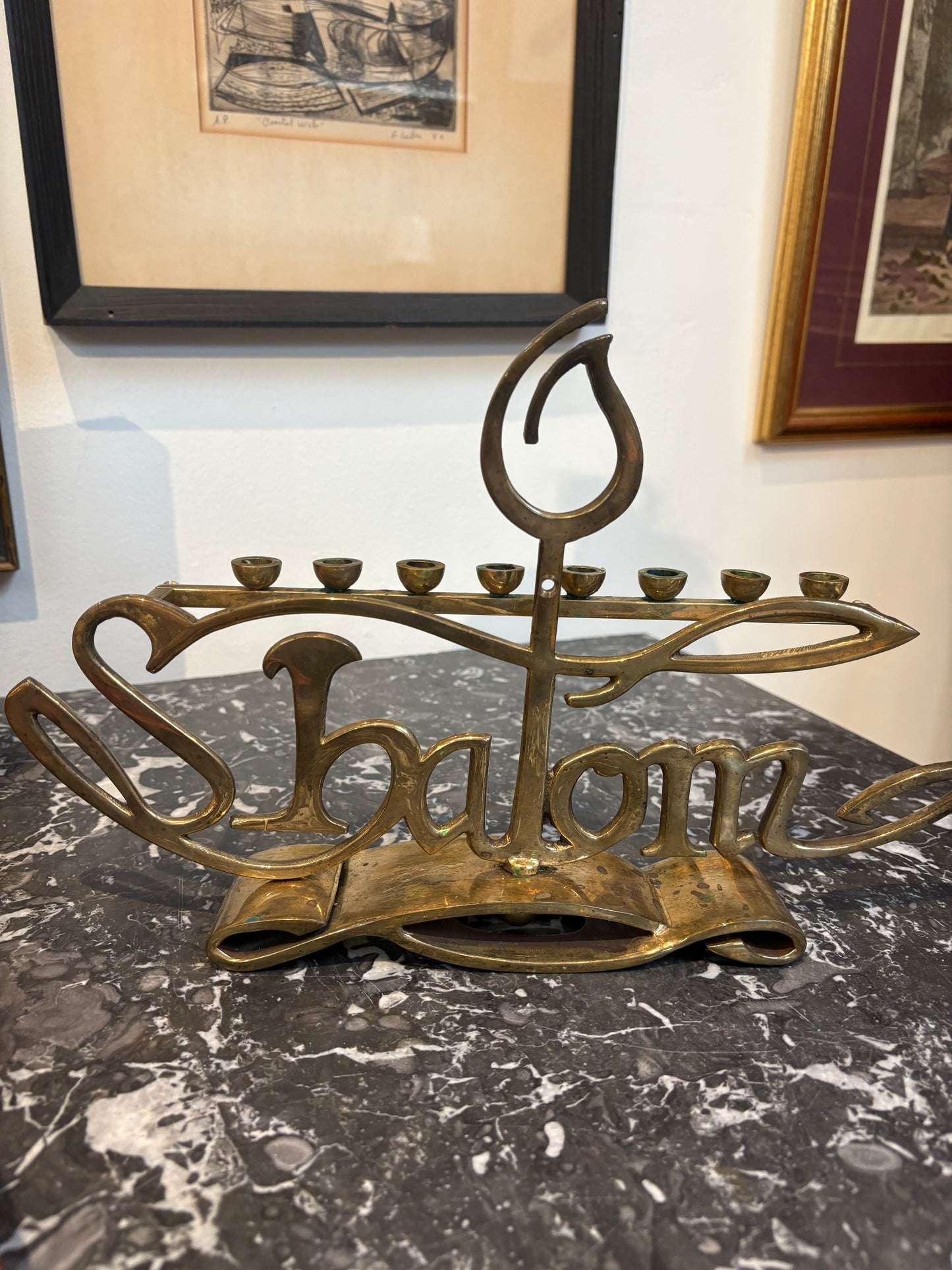 Brass "Shalom" Menorah with Case