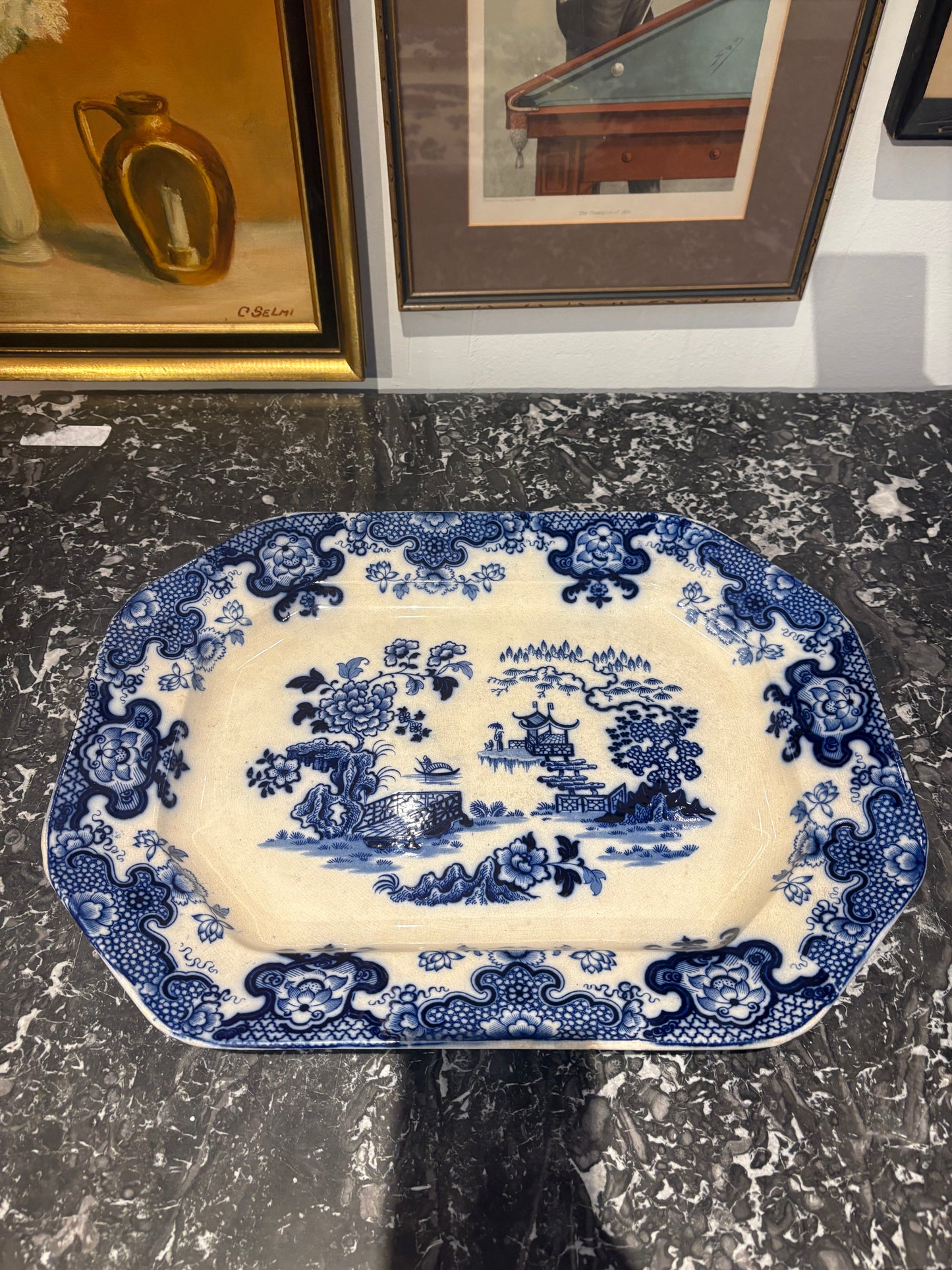 19th Century Large English Serving Tray with Chinese Inspired Design