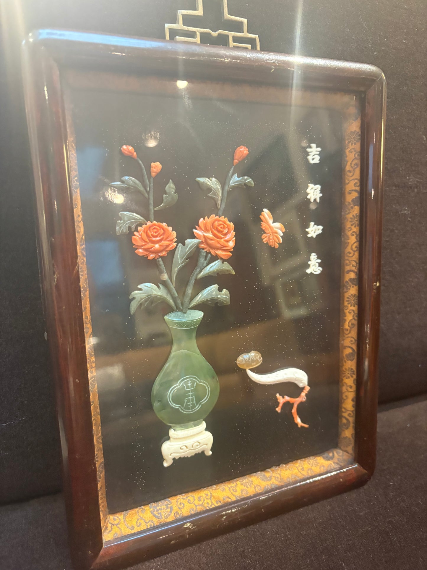 Carved Jade and Coral Shadow Box Art