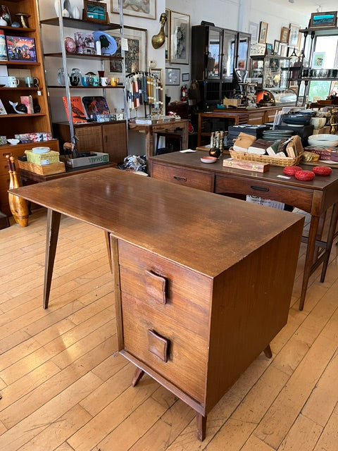 Midcentury Desk with Two Drawers and Bookshelf Back