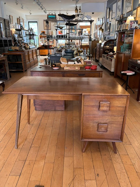 Midcentury Desk with Two Drawers and Bookshelf Back